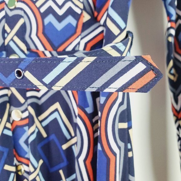 Vintage Cache Full Print Geometrical Belted Full Snap Front Dress XS - Picture 3 of 11